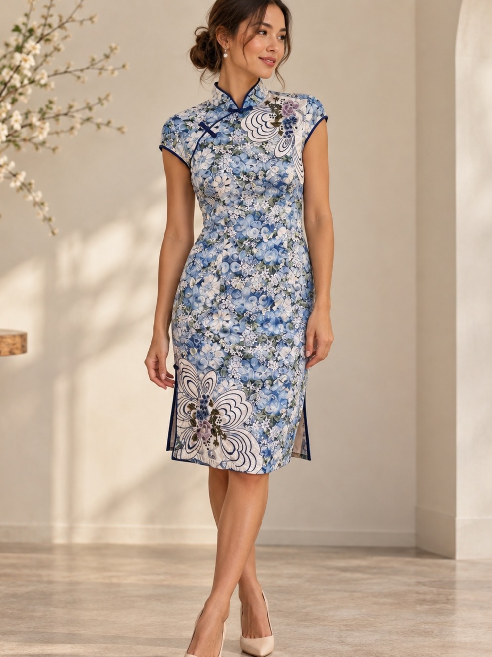 Vintage Blue Floral Cheongsam Qipao Embroidered Dress